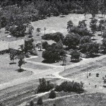 Aerial view church and school, c. 1960