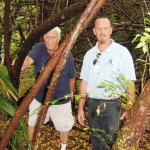 Thick woods surrounding Dale's camp. Steve "Rocky" Cook (left) and Doug Little, Outreach Specialists, Sanford HOPE Team (photo - CMF Public Media)